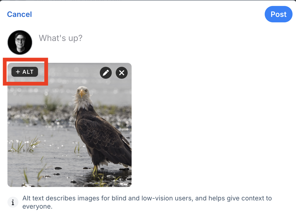 Screenshot of the BlueSky post interface with an image and the button to add alt text highlighted.