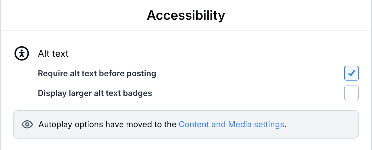 Screenshot of BlueSky accessibility setting showing the option to require alt text before posting.