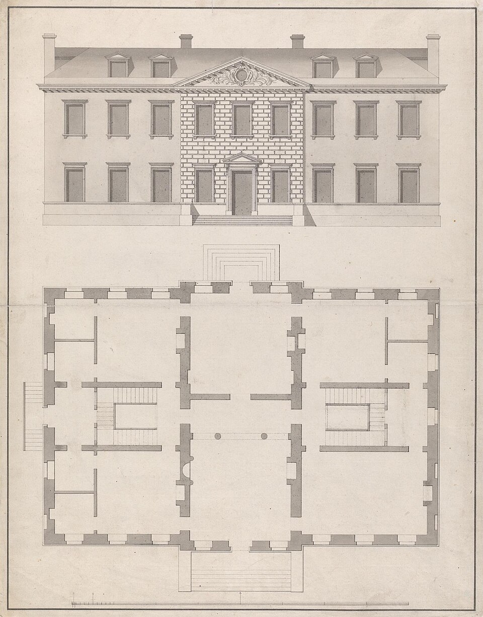 Architectural drawing showing the front elevation and floor plan of a townhouse.