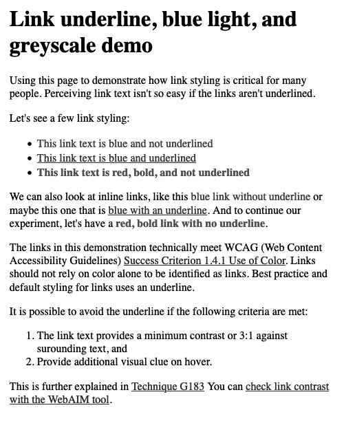 Screenshot of a CodePen demo showing links and text in grey scale view. Some of the links are difficult to perceive. Link to Codepen later in the article.