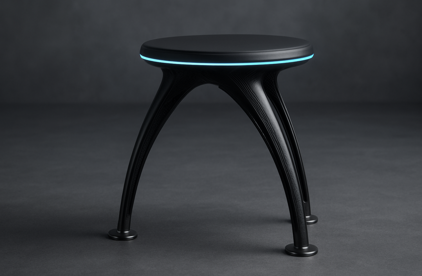 A short modern looking stool with three legs.