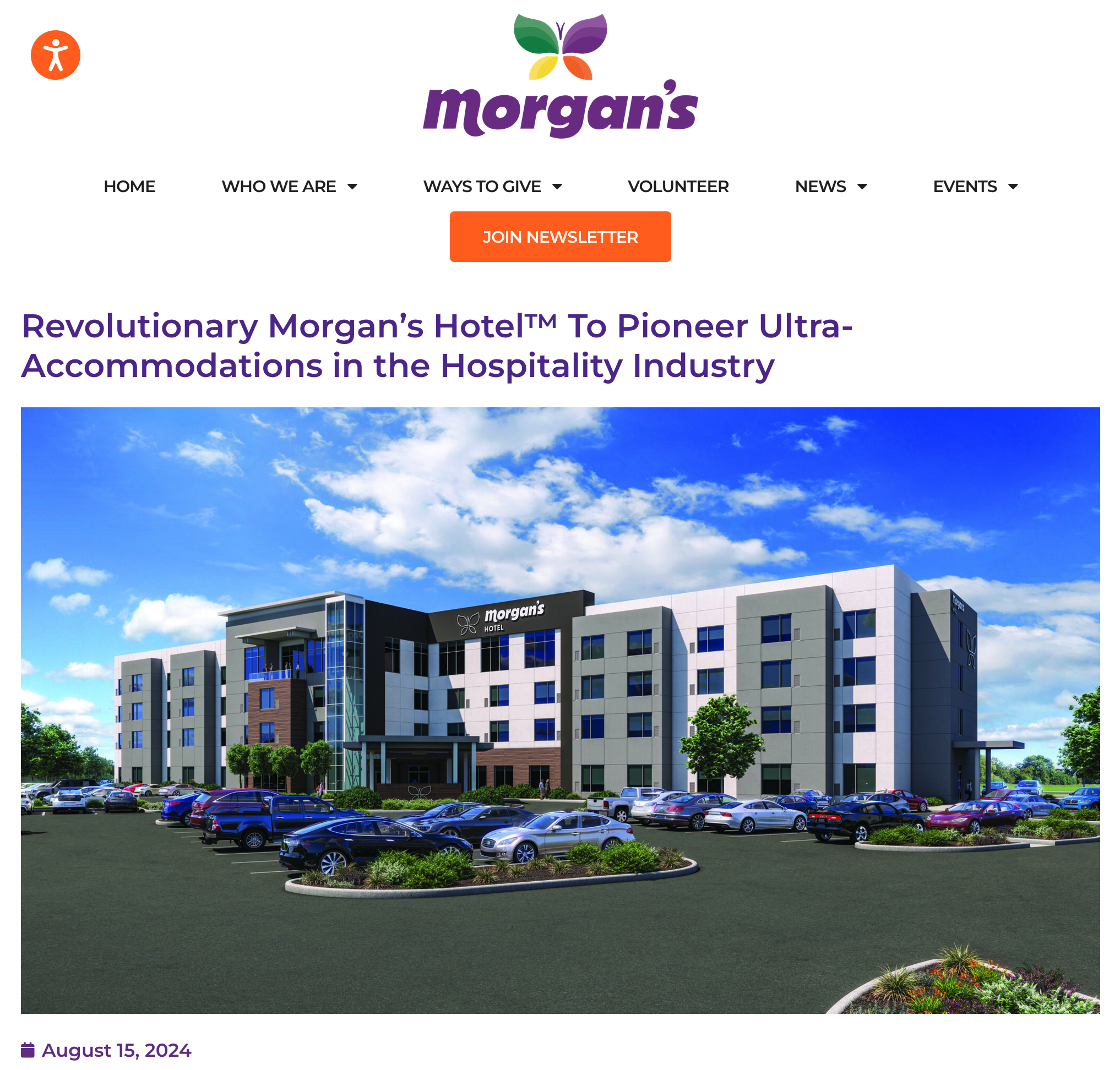 Screenshot of the Morgan's press release page showing a hotel property, and at the top left of the screen, the icon for an accessibility overlay.