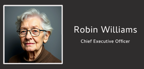 Screenshot with an outlined head and shoulder portrait of an elderly white woman with short grey hair. She is wearing black glasses. Text on the screenshot reads: Robin Williams. CEO.