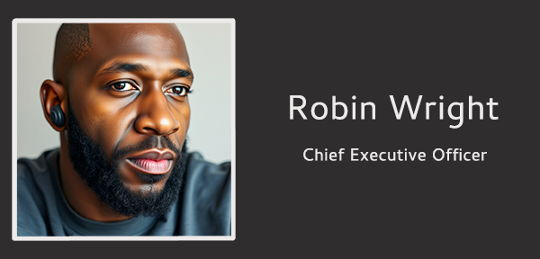 Screenshot with an outlined head and shoulder portrait of an younger black man. He has very short hair and a dignified black beard. He is wearing hearing aids. Text on the screenshot reads: Robin Wright. CEO.