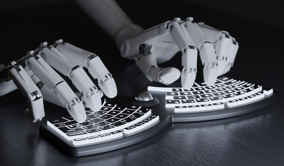 Two human-like robotic hands typing on a split keyboard.